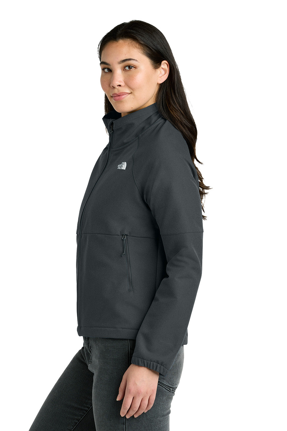 The North Face NF0A8C5C Womens Barr Lake Soft Shell Full Zip Jacket Heahter Dark Asphalt Grey Model Side