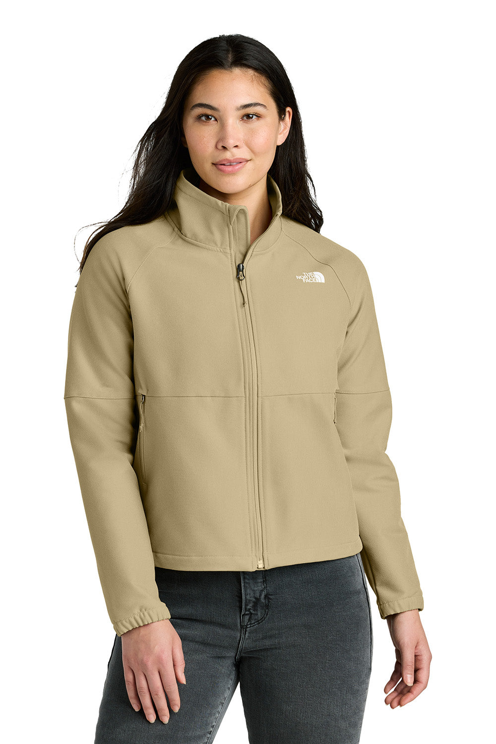 The North Face NF0A8C5C Womens Barr Lake Soft Shell Full Zip Jacket Heather Dark Khaki Stone Model Front