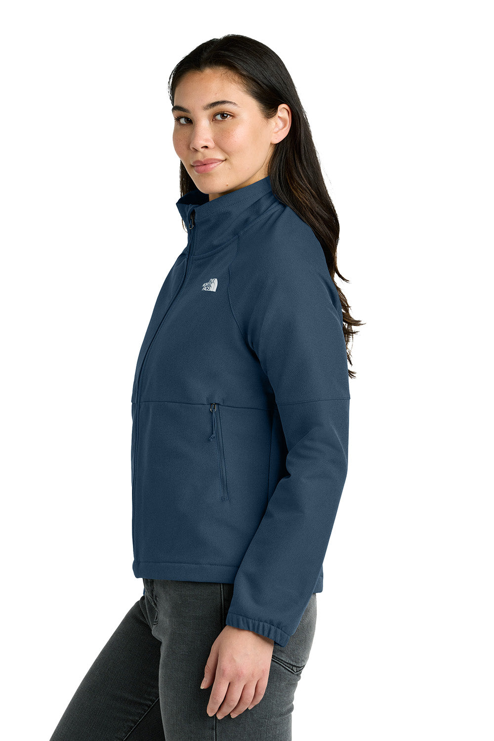 The North Face NF0A8C5C Womens Barr Lake Soft Shell Full Zip Jacket Heather Dark Shady Blue Model Side