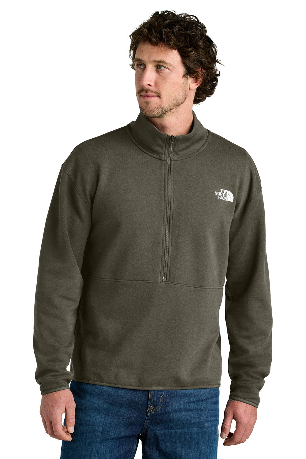 The North Face NF0A8C5G Mens Double Knit 1/4 Zip Fleece Jacket New Taupe Green Model Front