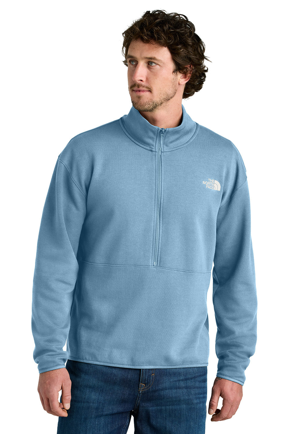 The North Face NF0A8C5G Mens Double Knit 1/4 Zip Fleece Jacket Steel Blue Model Front