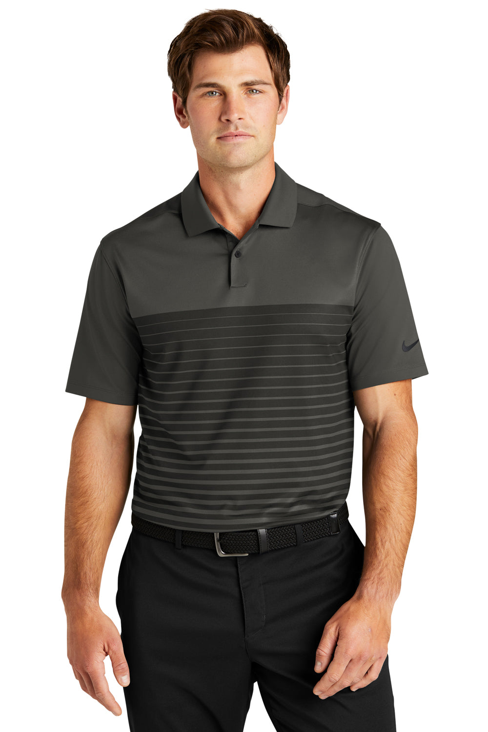 Nike NKDC2114 Mens Vapor Block Dri-Fit Moisture Wicking Short Sleeve Polo Shirt Anthracite Grey Model Front