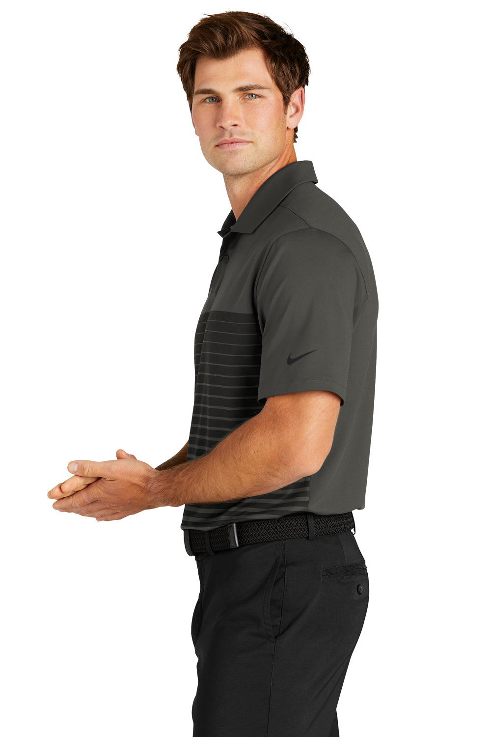 Nike NKDC2114 Mens Vapor Block Dri-Fit Moisture Wicking Short Sleeve Polo Shirt Anthracite Grey Model Side