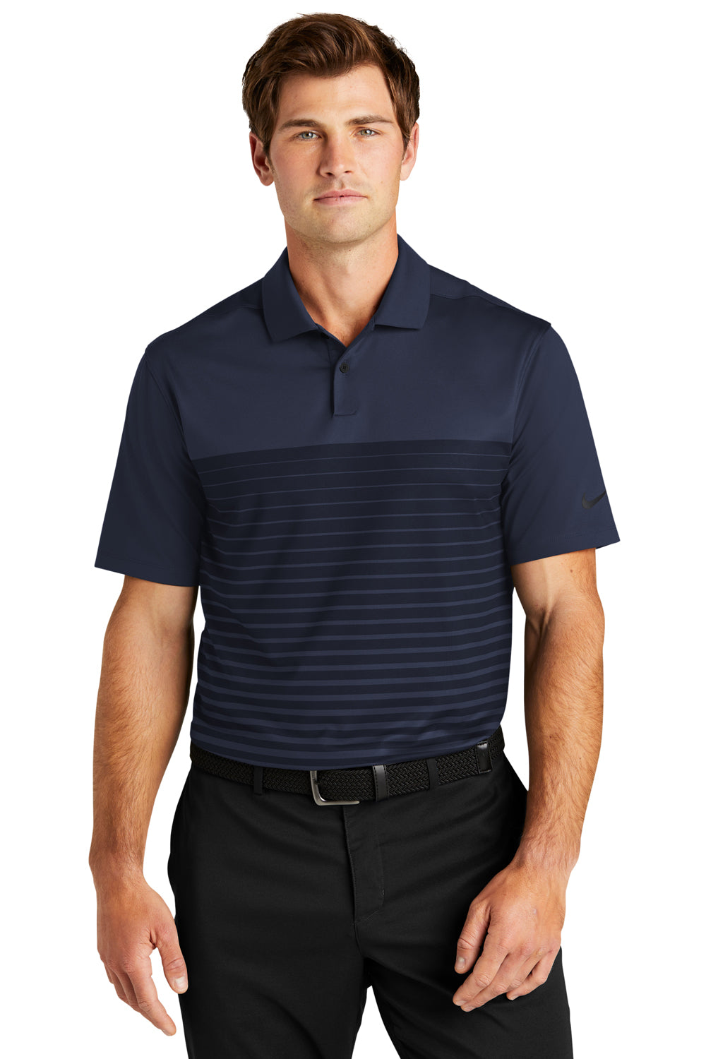 Nike NKDC2114 Mens Vapor Block Dri-Fit Moisture Wicking Short Sleeve Polo Shirt Midnight Navy Blue Model Front