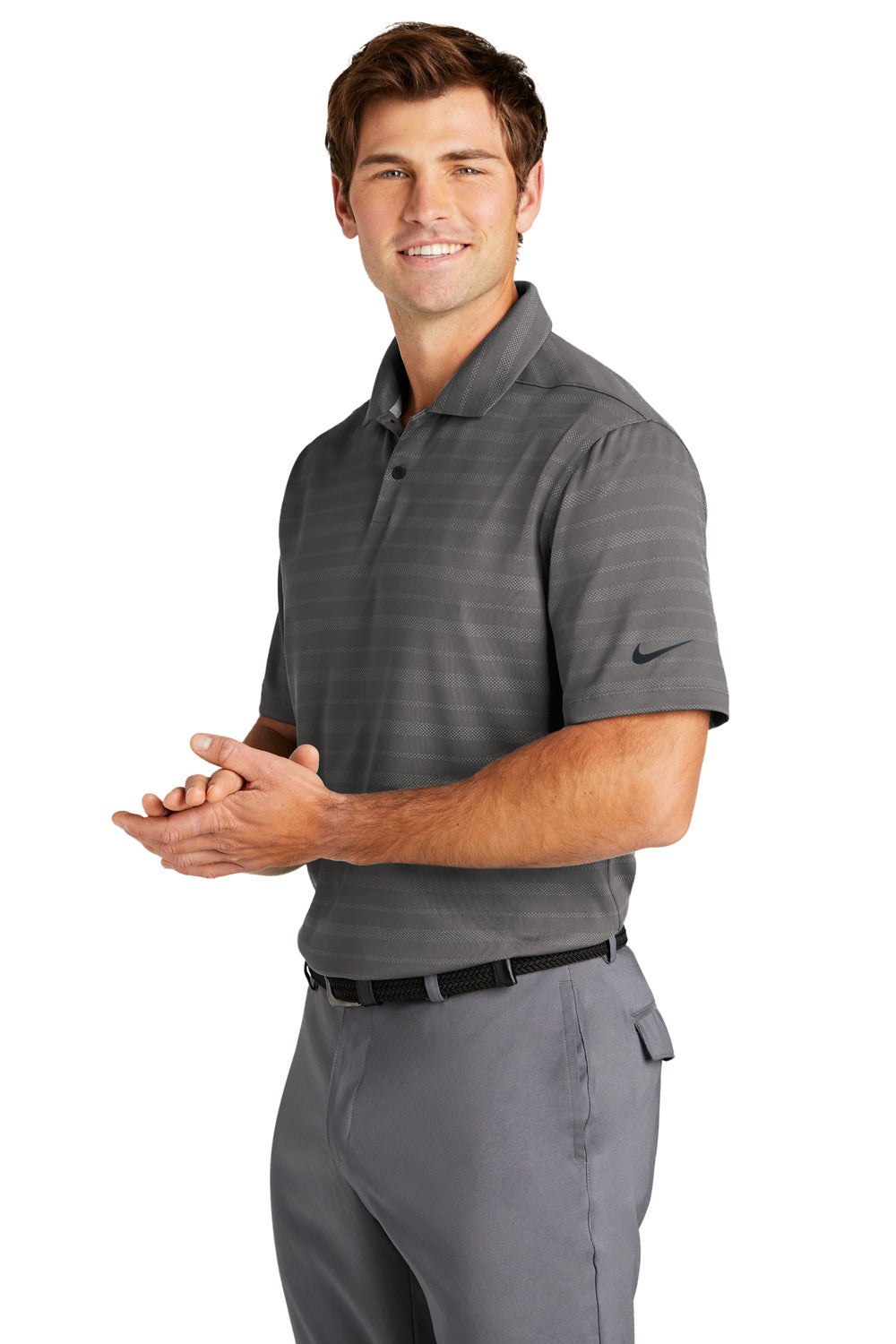 Nike NKDC2115 Mens Vapor Jacquard Dri-Fit Moisture Wicking Short Sleeve Polo Shirt Dark Grey Model 3Q