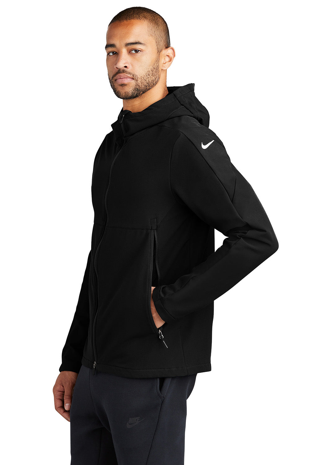 Nike NKDR1543 Mens Soft Shell Full Zip Hooded Jacket Black Model Side