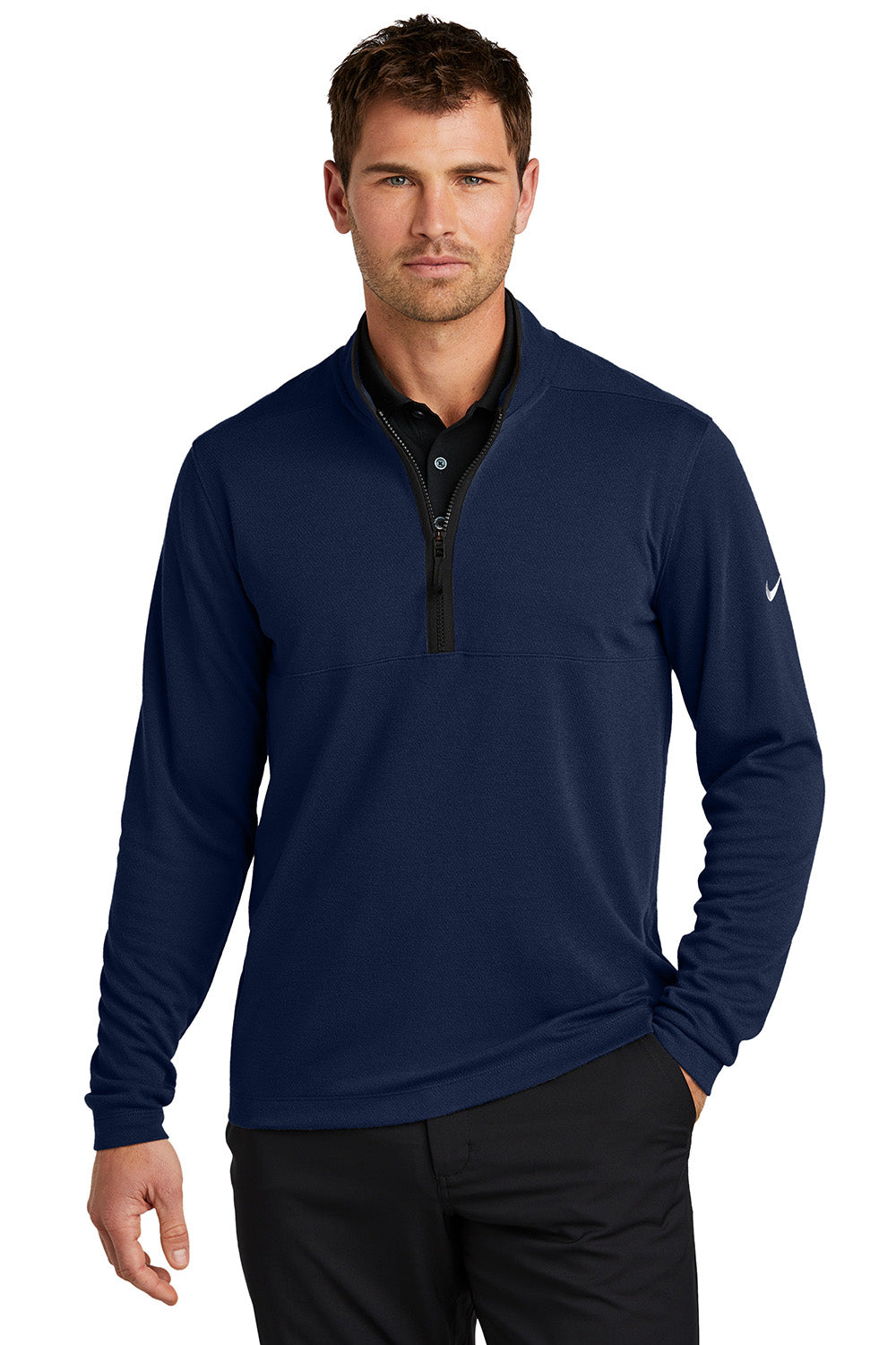 Nike NKDX6702 Mens Textured 1/4 Zip Sweatshirt College Navy Blue Model Front