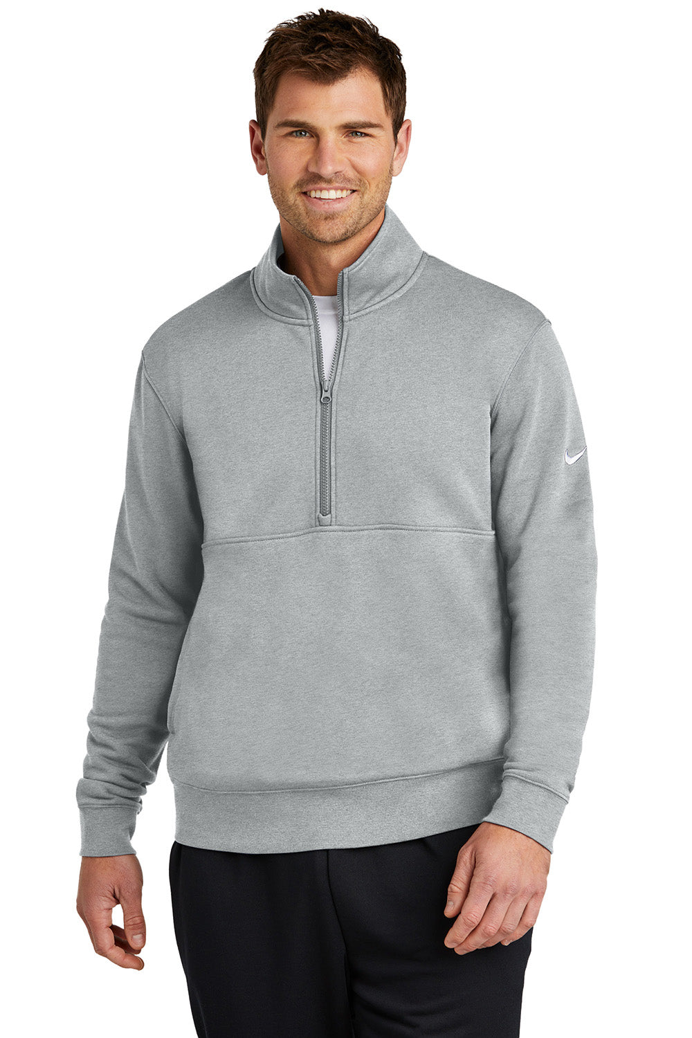 Nike NKDX6718 Mens Club Fleece 1/4 Zip Sweatshirt Heather Dark Grey Model Front