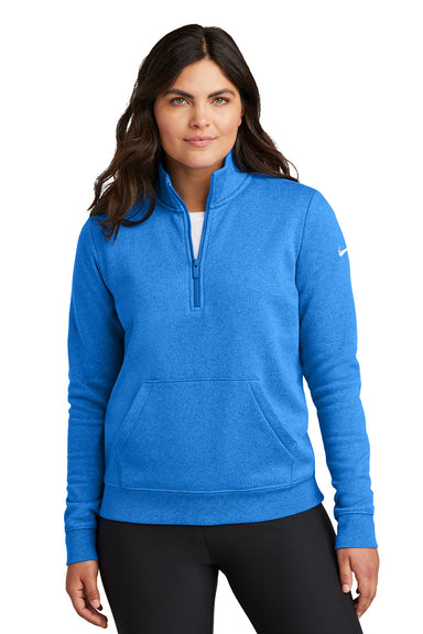 Nike NKDX6720 Womens Club Fleece 1/4 Zip Sweatshirt Heather Light Game Royal Blue Model Front