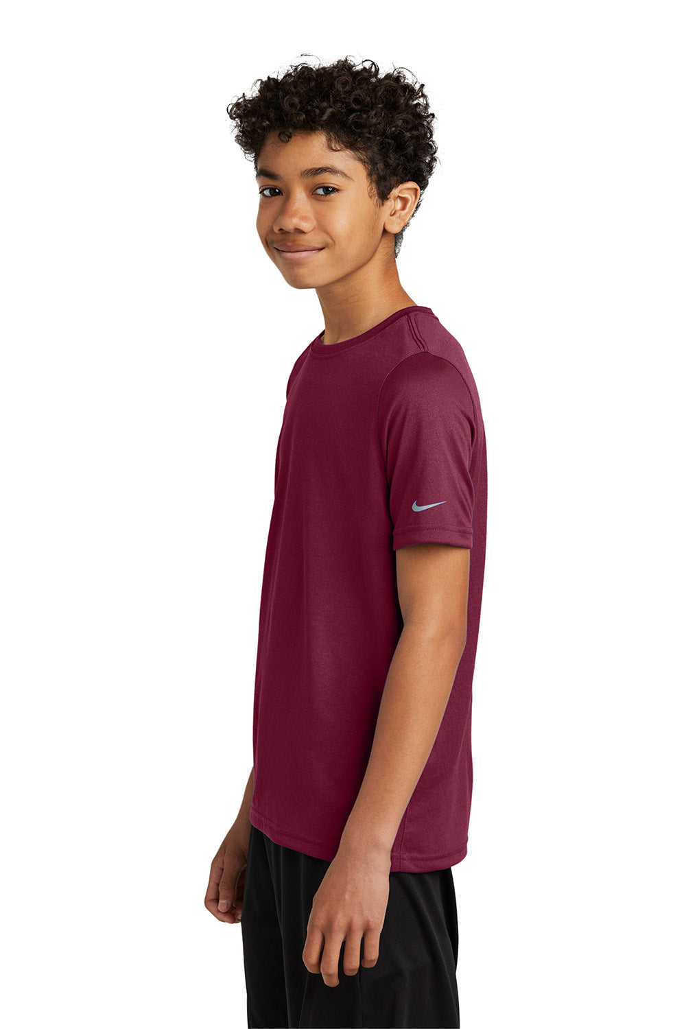 Nike NKDX8787 Youth rLegend Dri-Fit Moisture Wicking Short Sleeve Crewneck T-Shirt Team Maroon Model Side