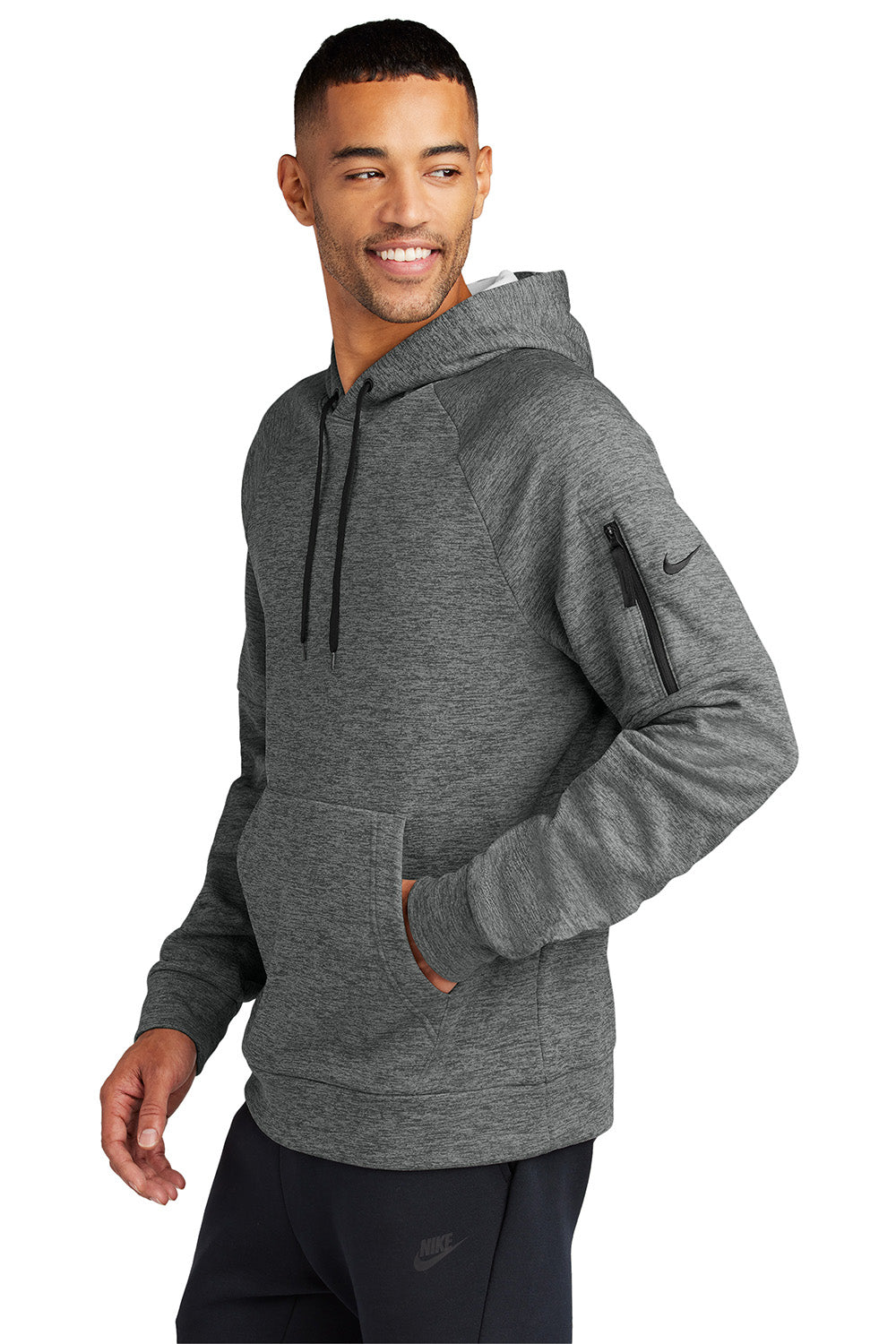 Nike NKFD9735 Mens Therma-Fit Fleece Hooded Sweatshirt Hoodie Heather Charcoal Grey Model Side