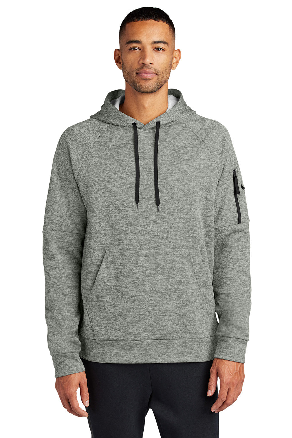 Nike NKFD9735 Mens Therma-Fit Fleece Hooded Sweatshirt Hoodie Heather Dark Grey Model Front