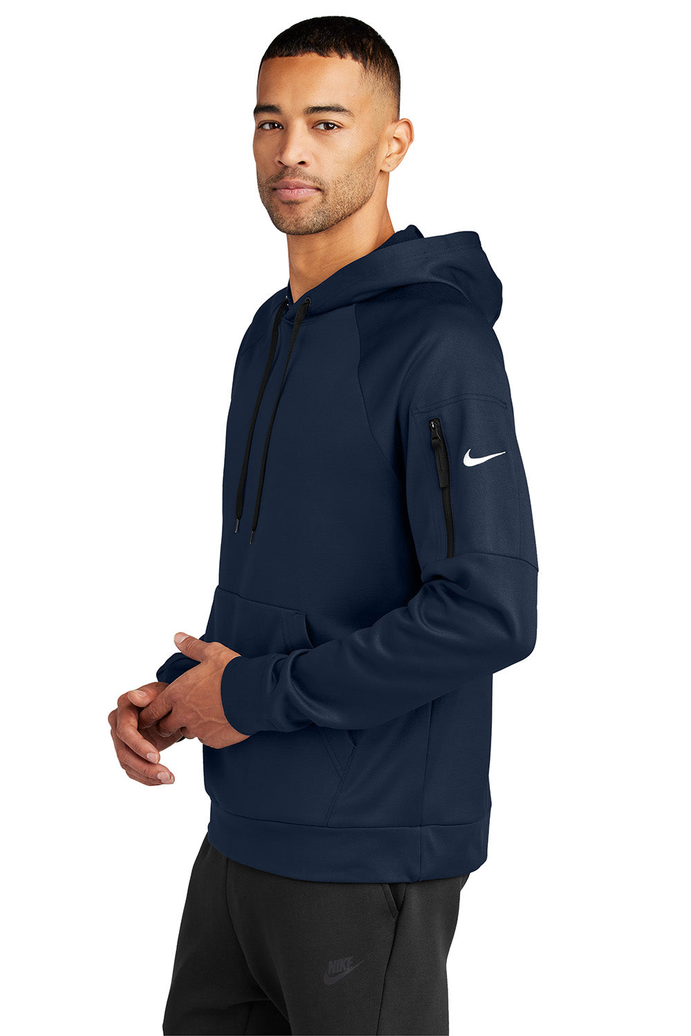 Nike NKFD9735 Mens Therma-Fit Fleece Hooded Sweatshirt Hoodie Navy Blue Model Side