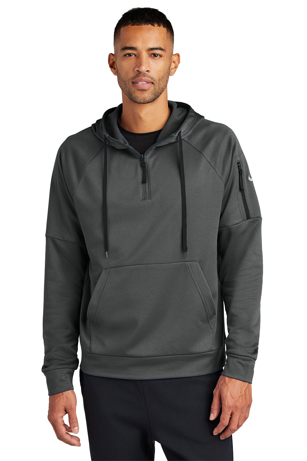 Nike NKFD9742 Mens Therma-Fit Fleece 1/4 Zip Hooded Sweatshirt Hoodie Anthracite Grey Model Front