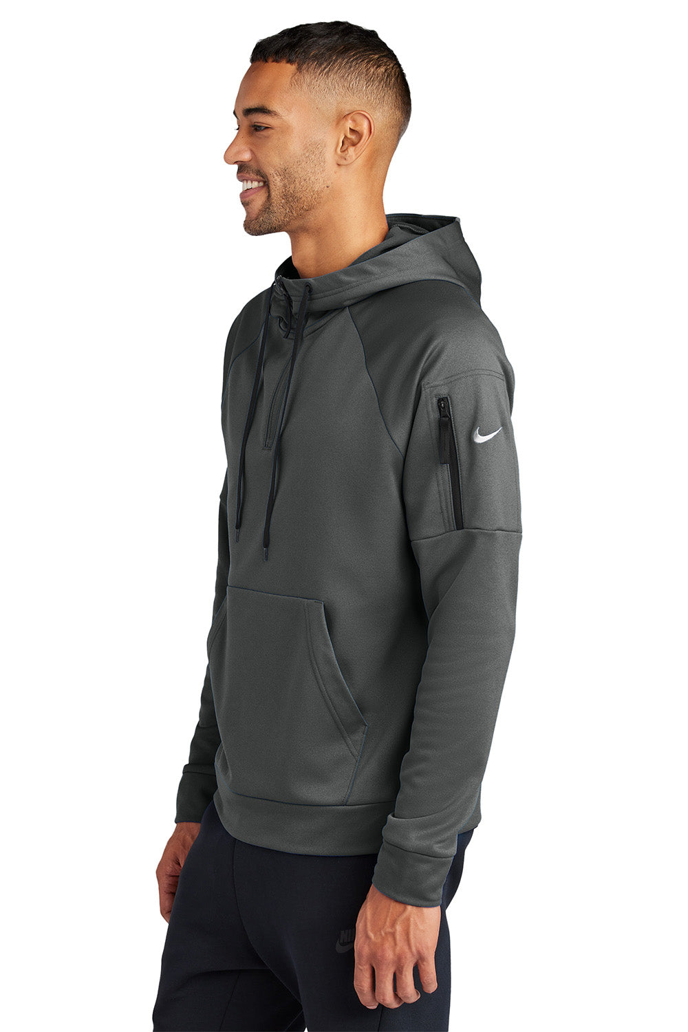 Nike NKFD9742 Mens Therma-Fit Fleece 1/4 Zip Hooded Sweatshirt Hoodie Anthracite Grey Model Side