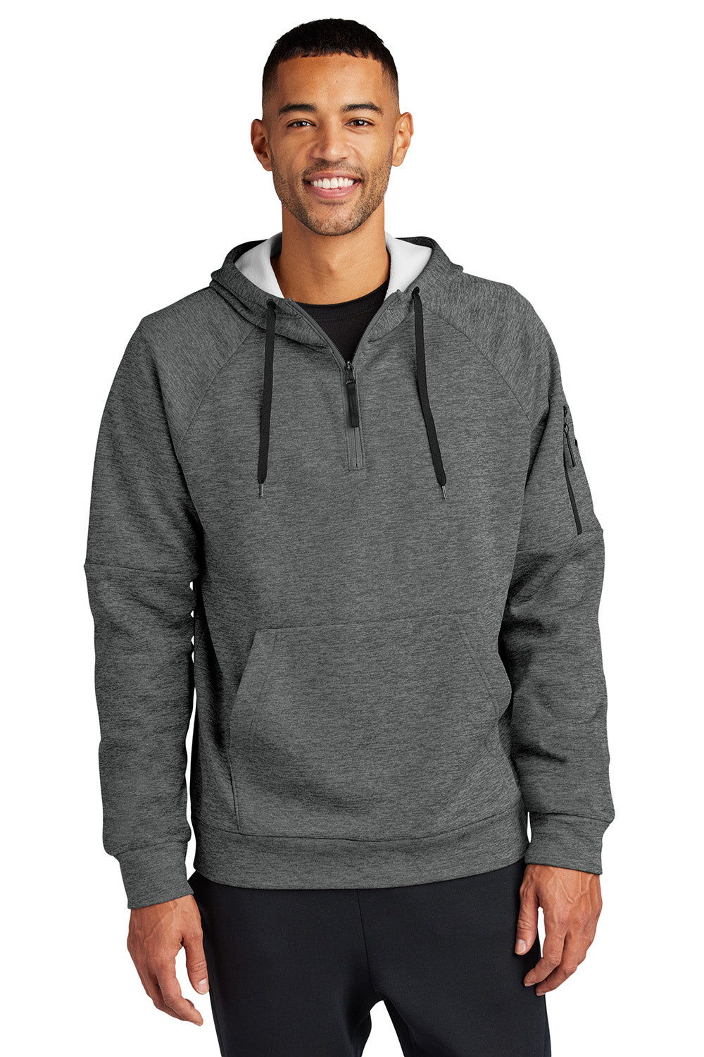 Nike NKFD9742 Mens Therma-Fit Fleece 1/4 Zip Hooded Sweatshirt Hoodie Heather Charcoal Grey Model Front