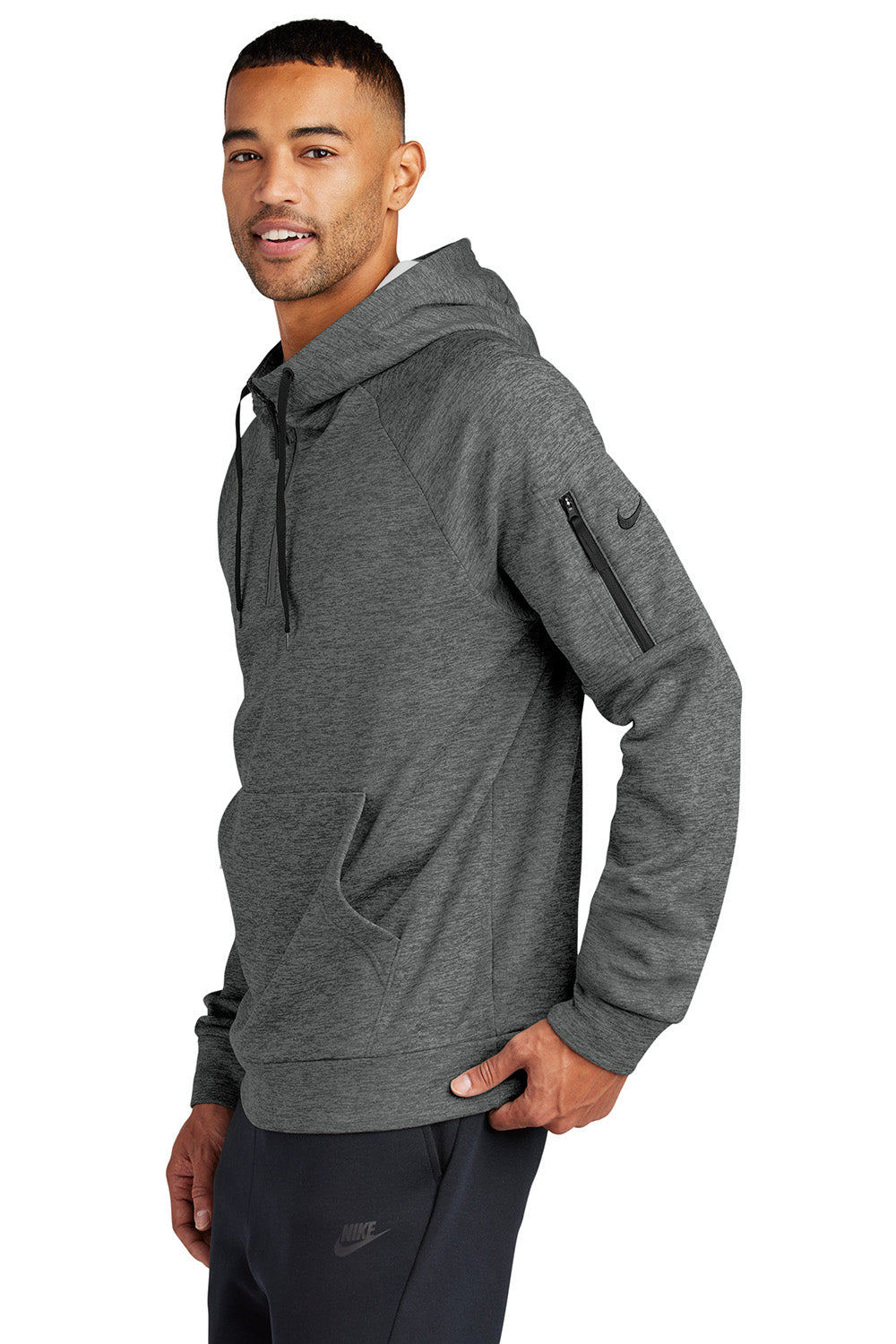 Nike NKFD9742 Mens Therma-Fit Fleece 1/4 Zip Hooded Sweatshirt Hoodie Heather Charcoal Grey Model Side