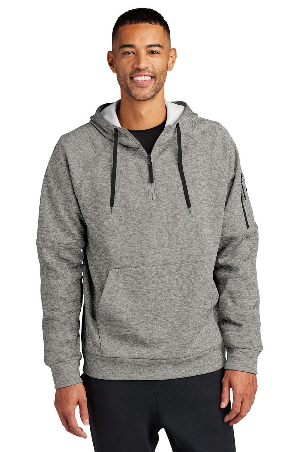 Nike NKFD9742 Mens Therma-Fit Fleece 1/4 Zip Hooded Sweatshirt Hoodie Heather Dark Grey Model Front