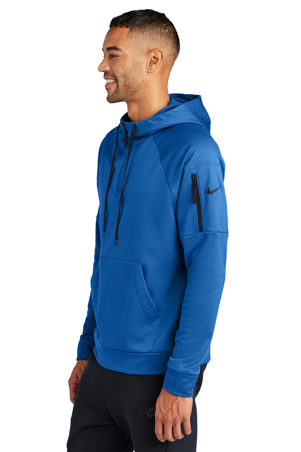 Nike NKFD9742 Mens Therma-Fit Fleece 1/4 Zip Hooded Sweatshirt Hoodie Game Royal Blue Model Side