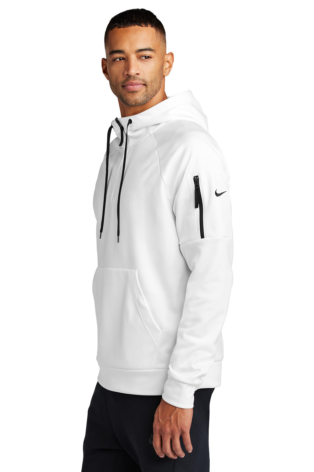 Nike NKFD9742 Mens Therma-Fit Fleece 1/4 Zip Hooded Sweatshirt Hoodie White Model Side