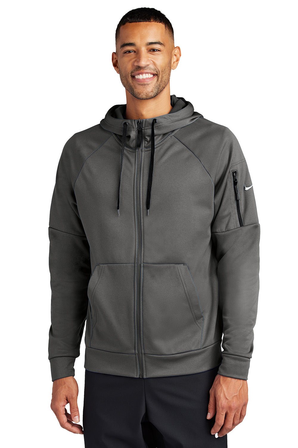 Nike NKFD9859 Mens Therma-Fit Fleece Full Zip Hooded Sweatshirt Hoodie Anthracite Grey Model Front