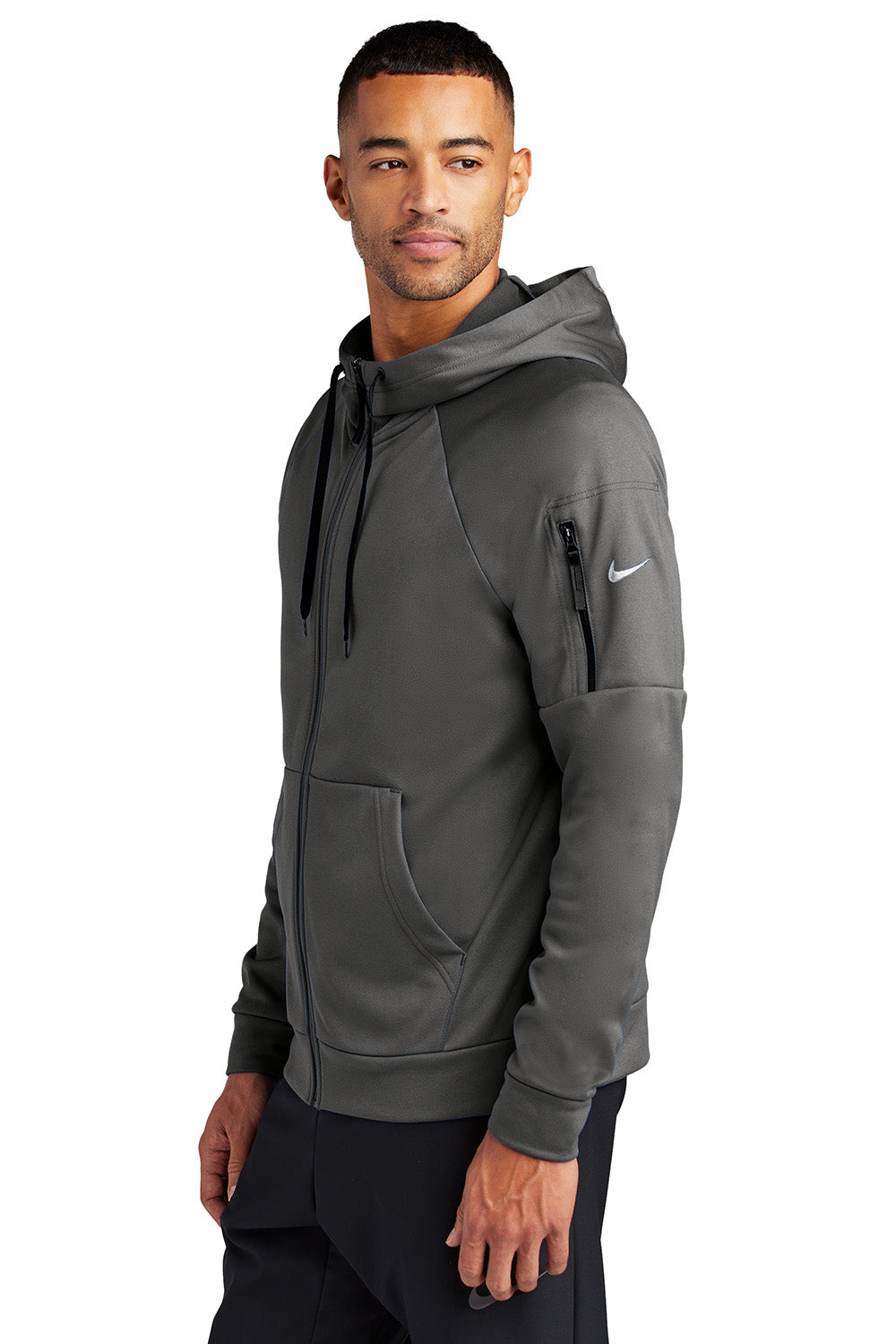 Nike NKFD9859 Mens Therma-Fit Fleece Full Zip Hooded Sweatshirt Hoodie Anthracite Grey Model Side