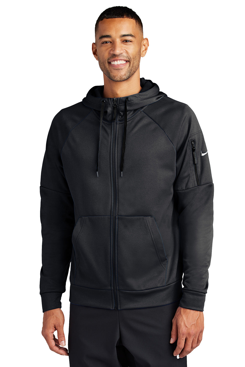 Nike NKFD9859 Mens Therma-Fit Fleece Full Zip Hooded Sweatshirt Hoodie Black Model Front