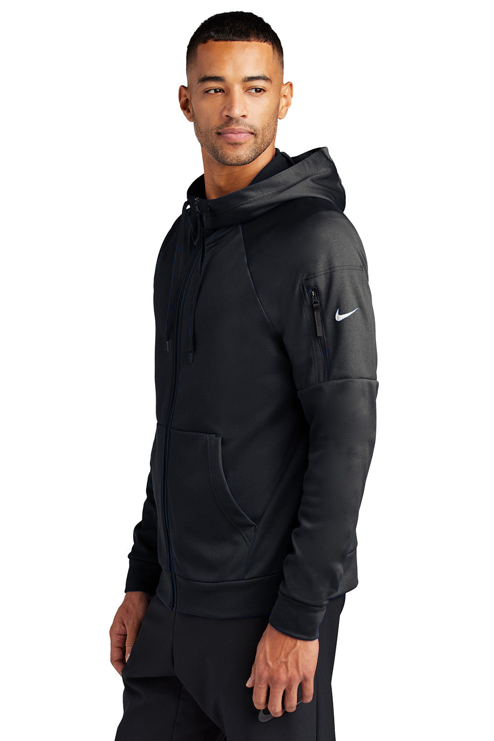 Nike NKFD9859 Mens Therma-Fit Fleece Full Zip Hooded Sweatshirt Hoodie Black Model Side