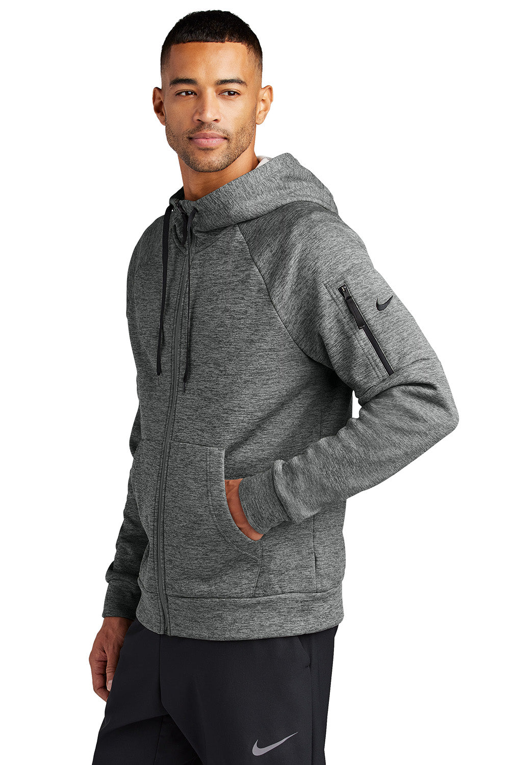 Nike NKFD9859 Mens Therma-Fit Fleece Full Zip Hooded Sweatshirt Hoodie Heather Charcoal Grey Model Side