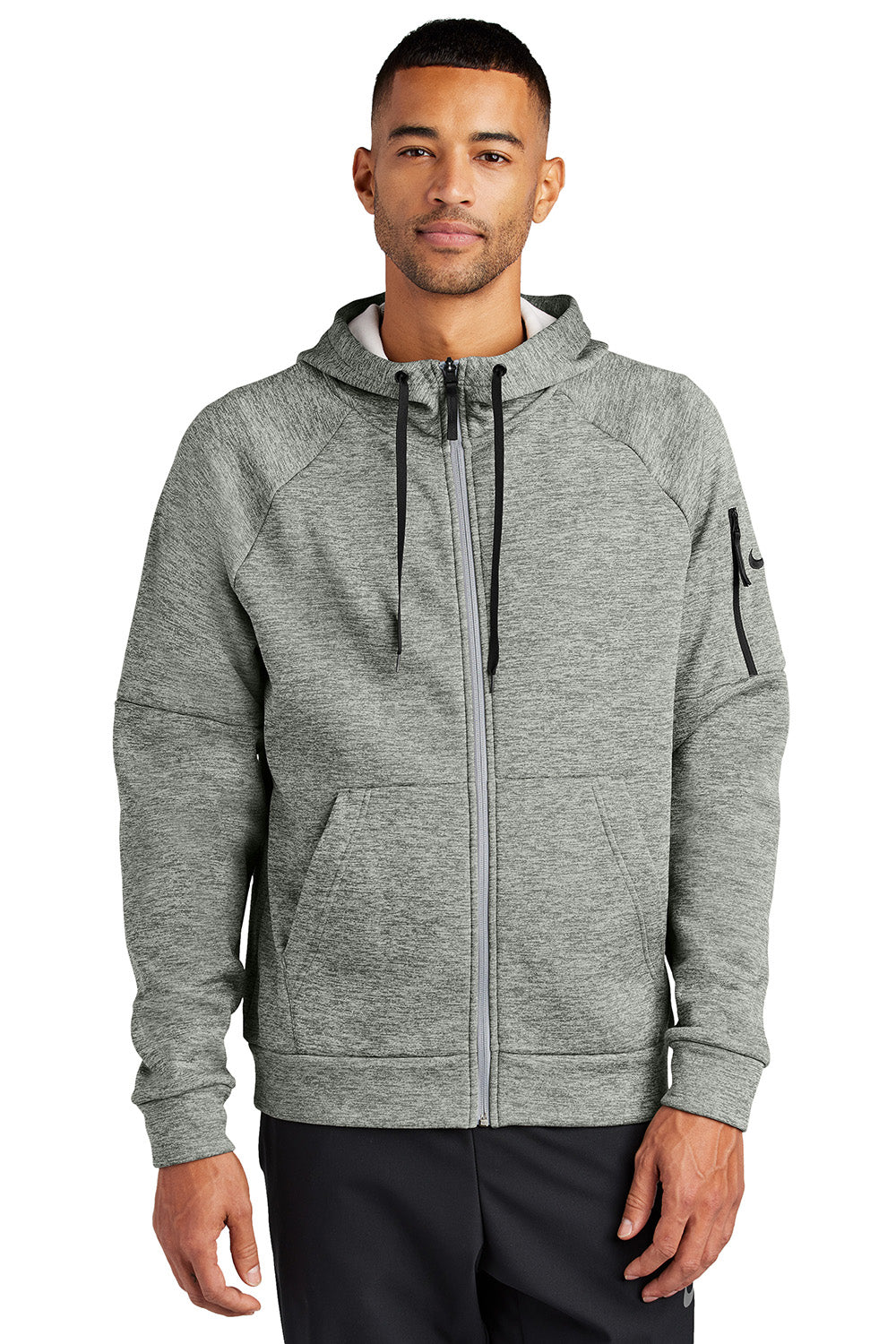 Nike NKFD9859 Mens Therma-Fit Fleece Full Zip Hooded Sweatshirt Hoodie Heather Dark Grey Model Front