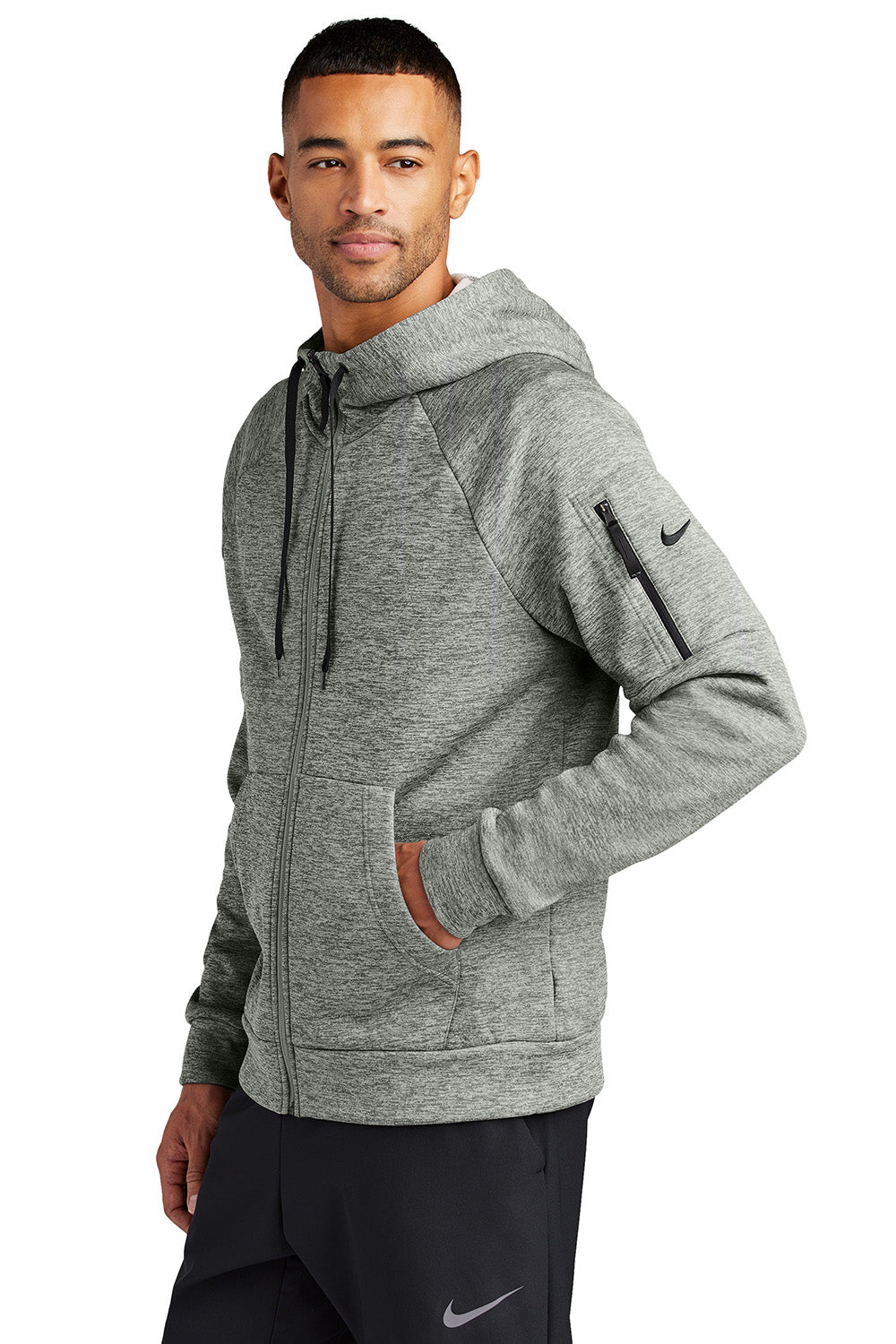 Nike NKFD9859 Mens Therma-Fit Fleece Full Zip Hooded Sweatshirt Hoodie Heather Dark Grey Model Side