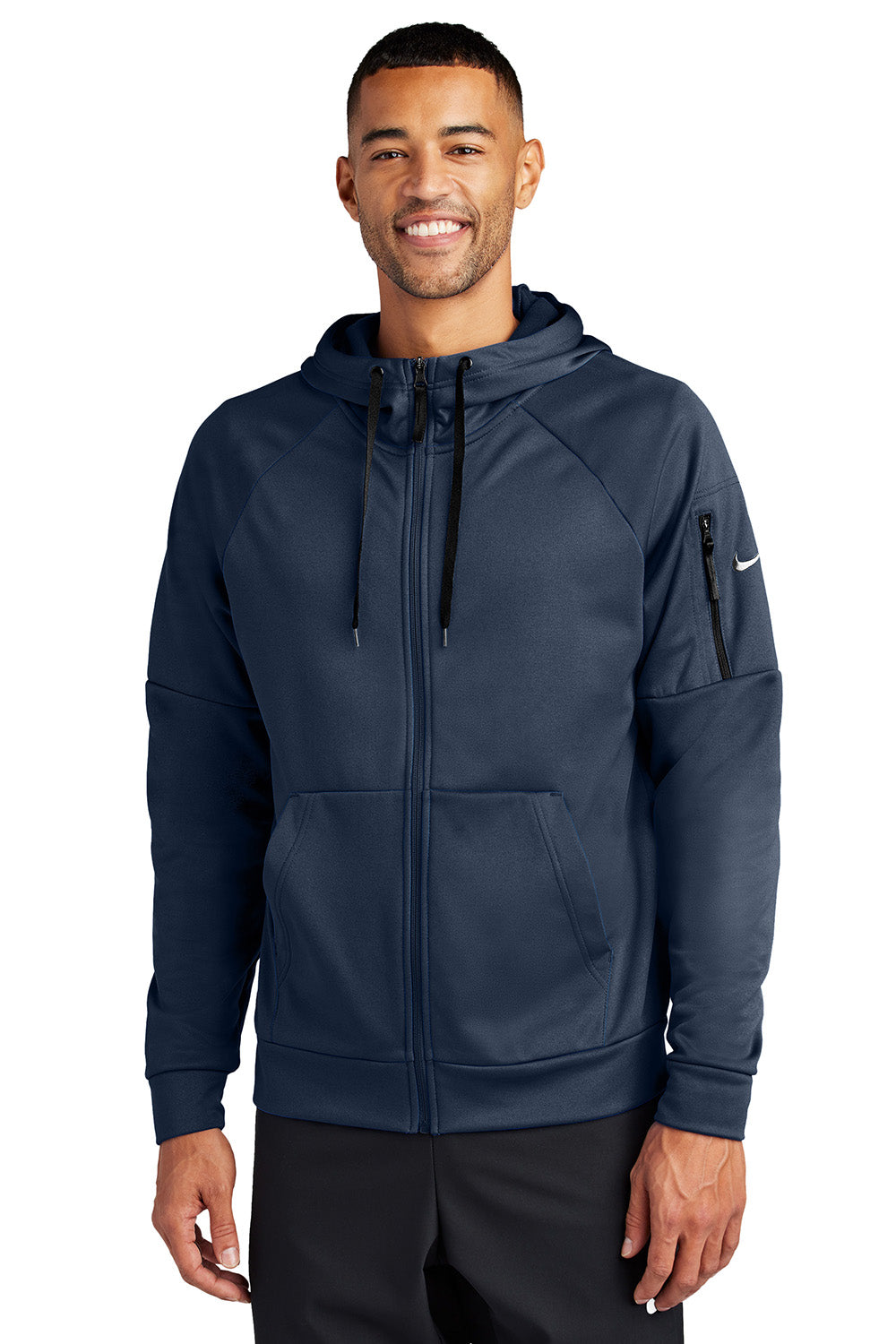 Nike NKFD9859 Mens Therma-Fit Fleece Full Zip Hooded Sweatshirt Hoodie Navy Blue Model Front