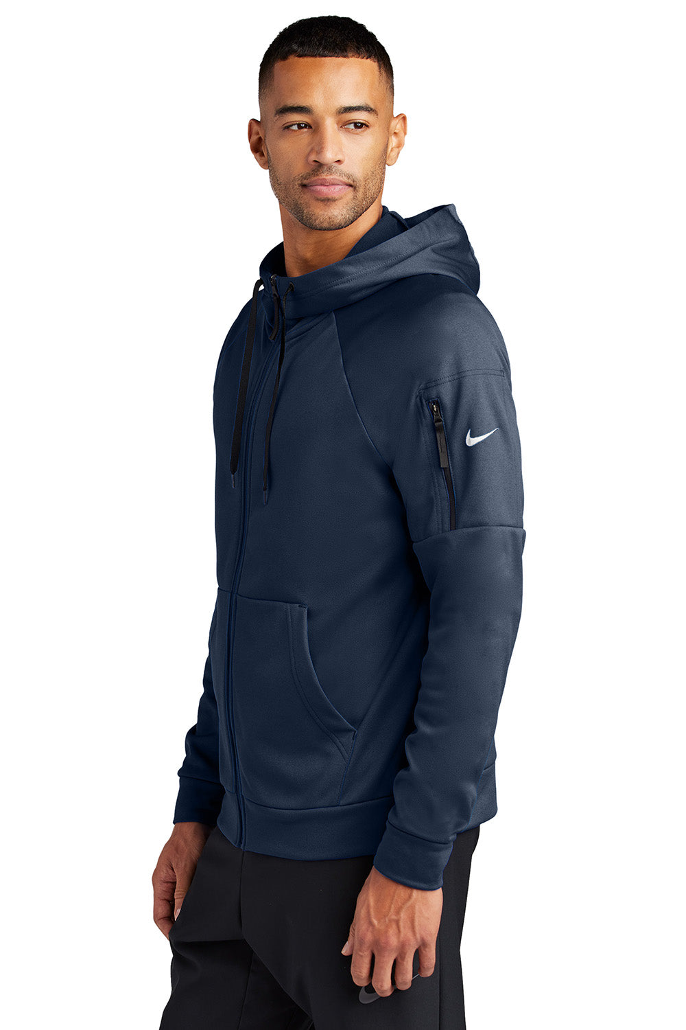 Nike NKFD9859 Mens Therma-Fit Fleece Full Zip Hooded Sweatshirt Hoodie Navy Blue Model Side