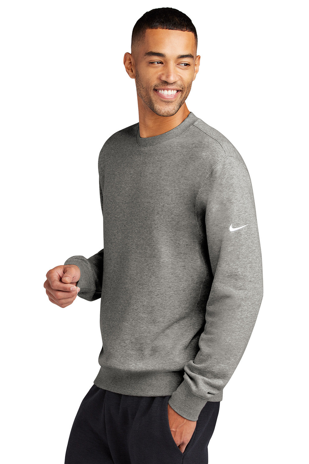 Nike NKFD9863 Mens Club Fleece Crewneck Sweatshirt Heather Dark Grey Model Side