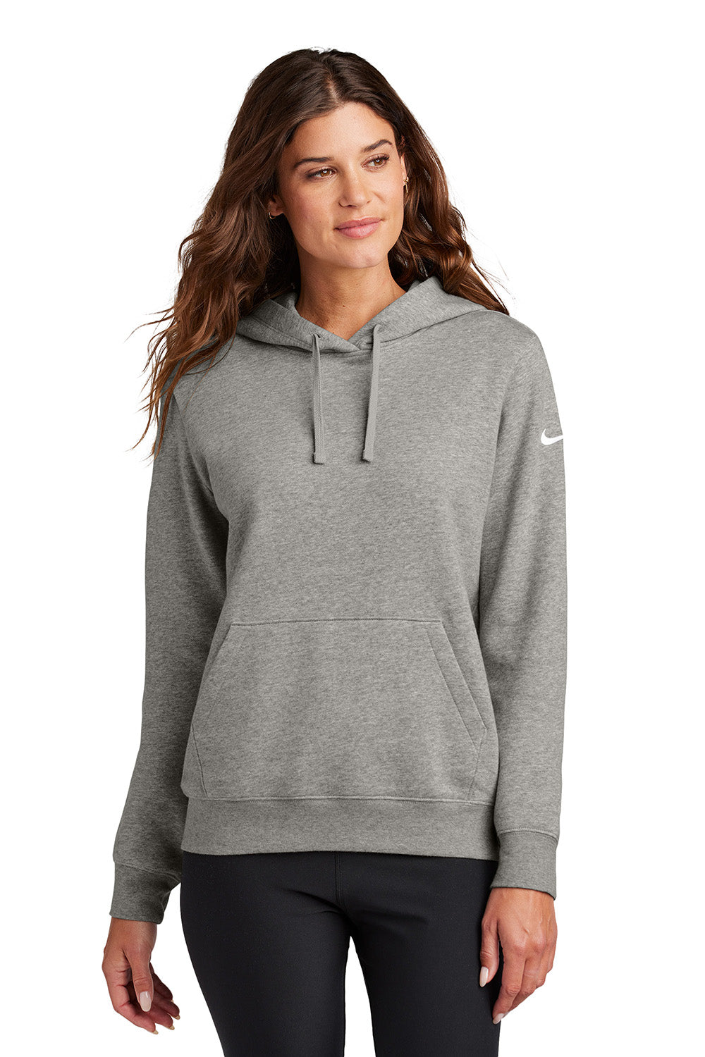 Nike NKFD9889 Womens Club Fleece Hooded Sweatshirt Hoodie Heather Dark Grey Model Front