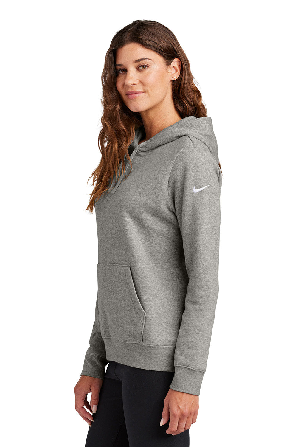 Nike NKFD9889 Womens Club Fleece Hooded Sweatshirt Hoodie Heather Dark Grey Model Side