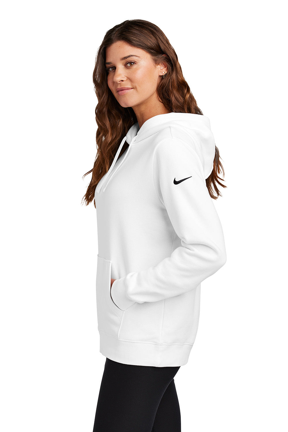 Nike NKFD9889 Womens Club Fleece Hooded Sweatshirt Hoodie White Model Side