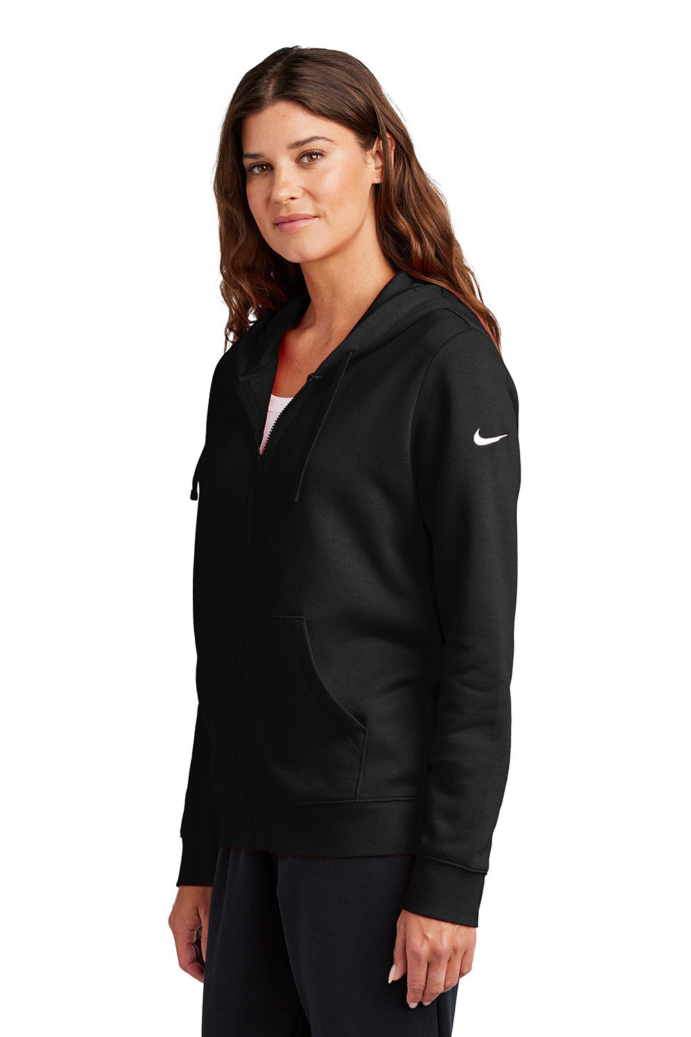 Nike NKFD9890 Womens Club Fleece Full Zip Hooded Sweatshirt Hoodie Black Model Side