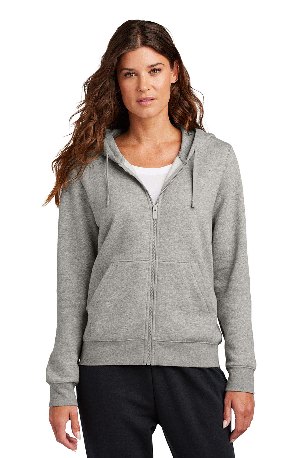 Nike NKFD9890 Womens Club Fleece Full Zip Hooded Sweatshirt Hoodie Heather Dark Grey Model Front