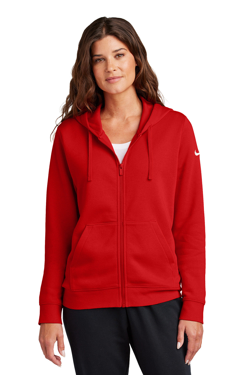 Nike NKFD9890 Womens Club Fleece Full Zip Hooded Sweatshirt Hoodie University Red Model Front