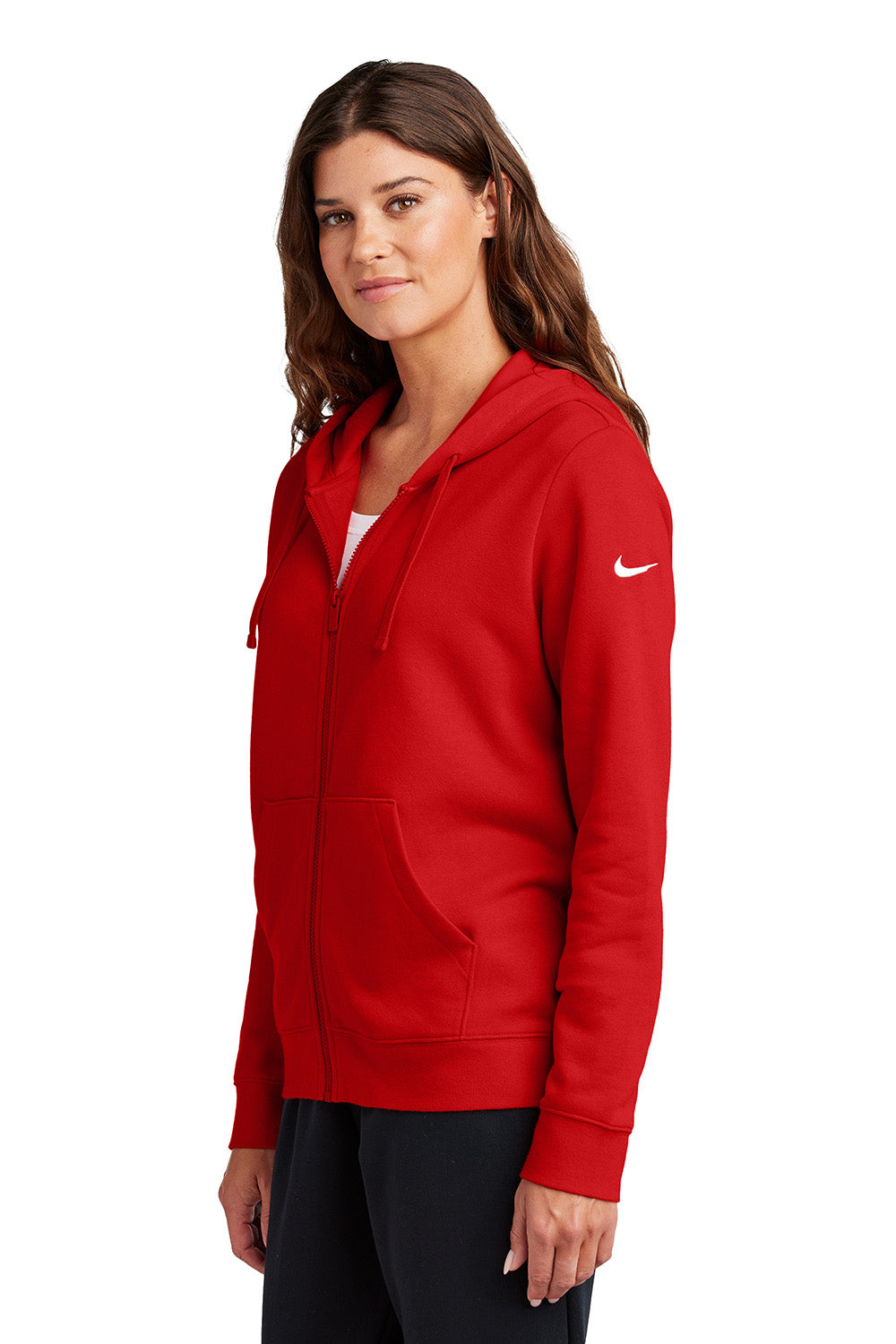 Nike NKFD9890 Womens Club Fleece Full Zip Hooded Sweatshirt Hoodie University Red Model Side