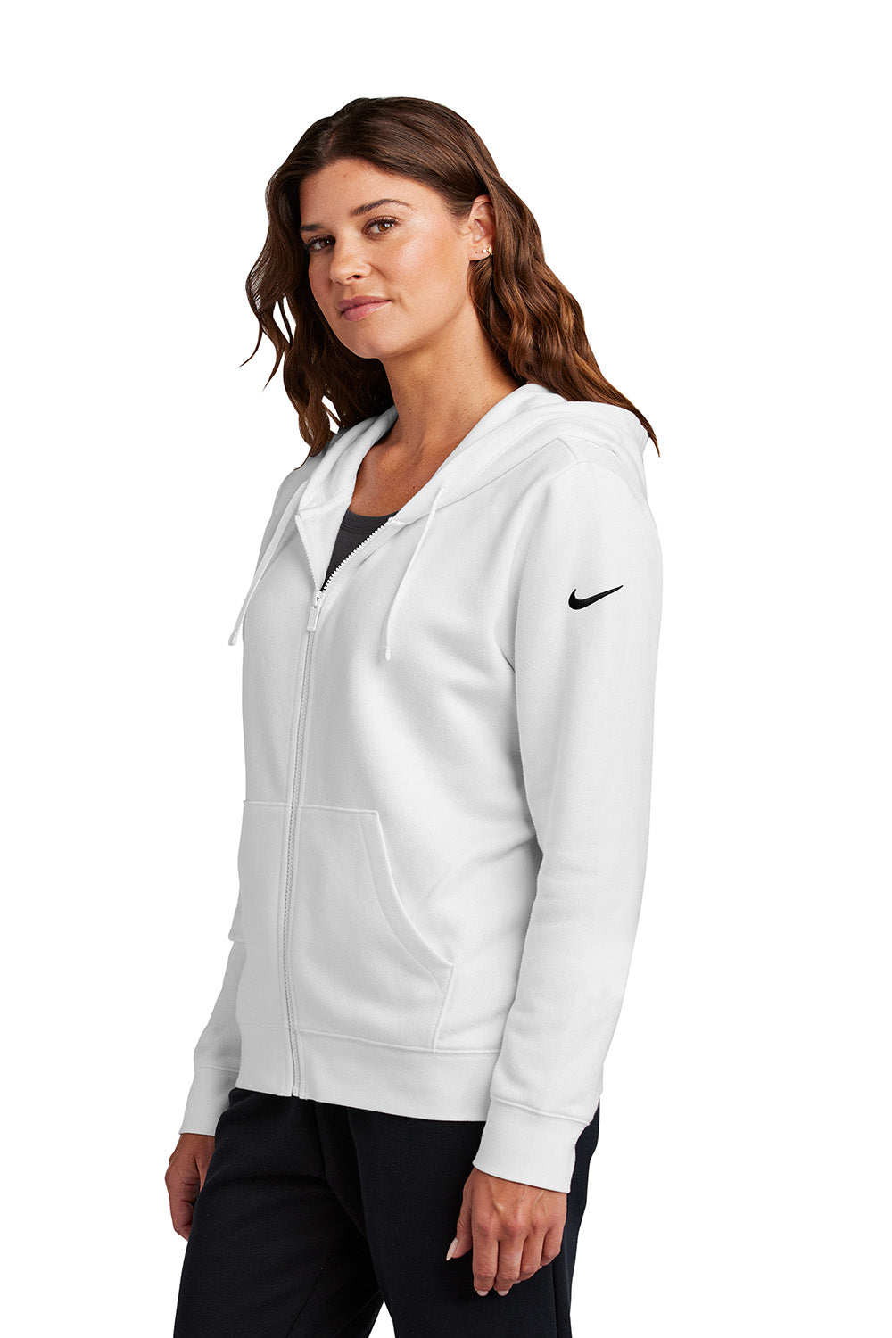 Nike NKFD9890 Womens Club Fleece Full Zip Hooded Sweatshirt Hoodie White Model Side