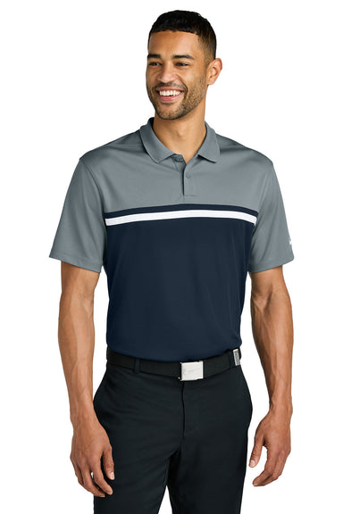 Nike NKFQ3968 Mens Dri-Fit Victory Colorblock Short Sleeve Polo Shirt Cool Grey/Navy Blue/White Model Front