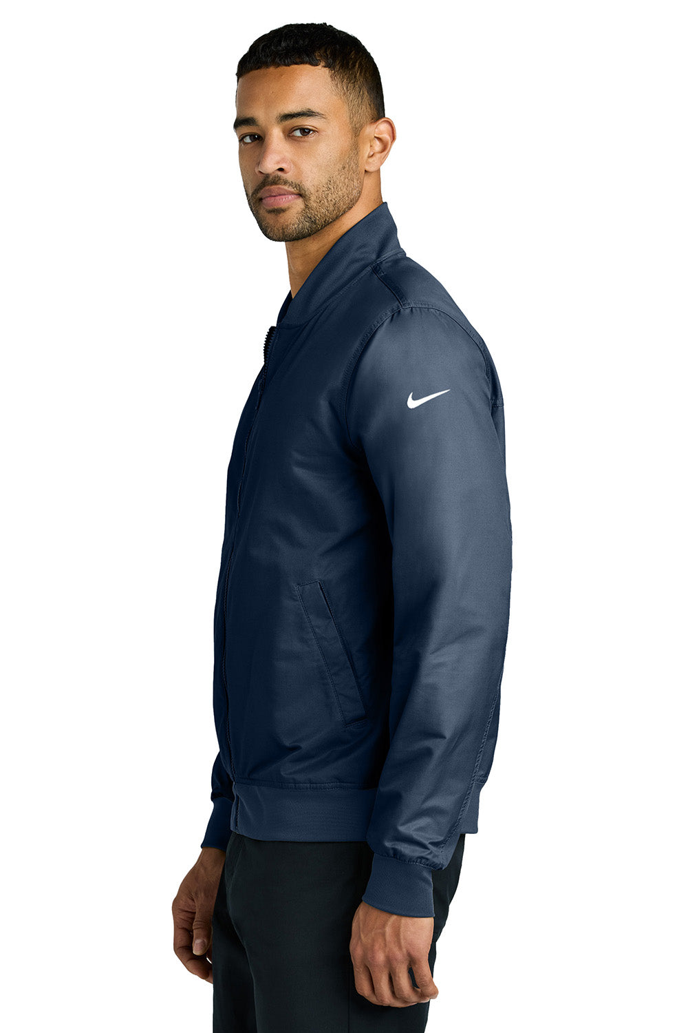 Nike NKFQ4759 Mens Full Zip Bomber Jacket Midnight Navy Blue Model Side