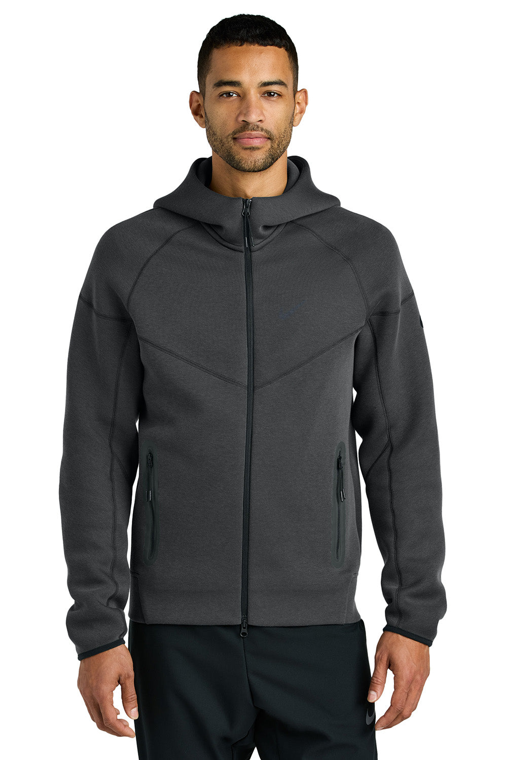 Nike NKFQ4762 Mens Tech Fleece Full Zip Hooded Sweatshirt Hoodie Heather Anthracite Grey Model Front