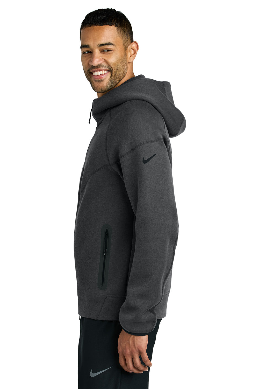 Nike NKFQ4762 Mens Tech Fleece Full Zip Hooded Sweatshirt Hoodie Heather Anthracite Grey Model Side