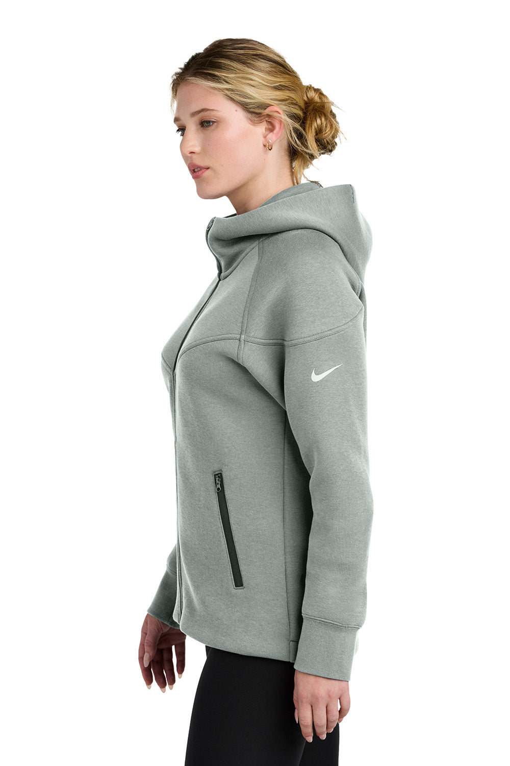 Nike NKFQ4798 Womens Tech Fleece Full Zip Hooded Sweatshirt Hoodie Heather Dark Grey Model Side