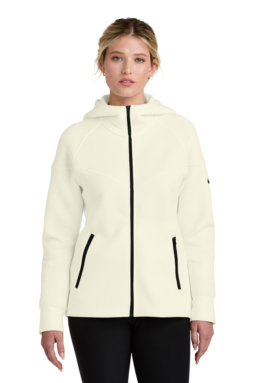 Nike NKFQ4798 Womens Tech Fleece Full Zip Hooded Sweatshirt Hoodie Pale Ivory Model Front