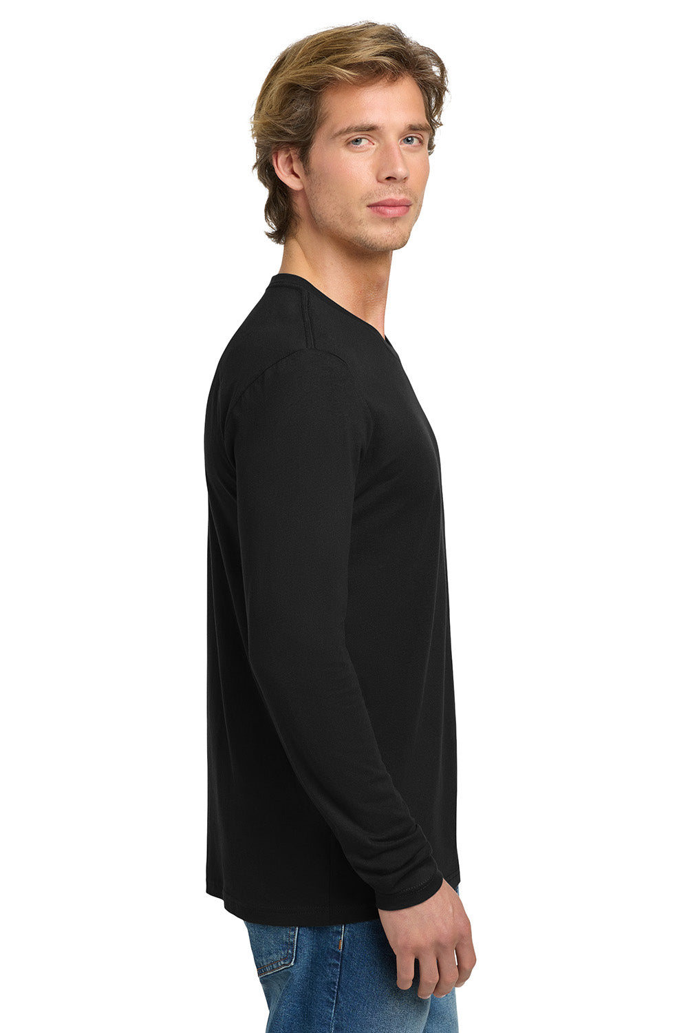 Next Level NL3601/N3601/3601 Mens Fine Jersey Long Sleeve Crewneck T-Shirt Black Model Side