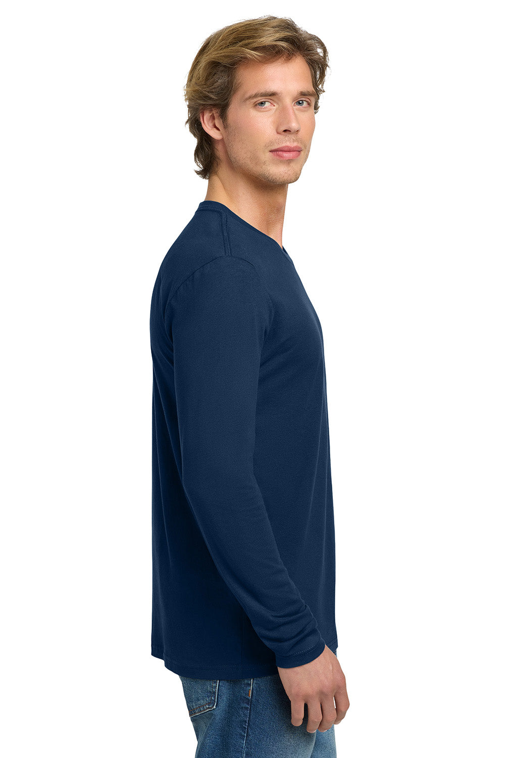 Next Level NL3601/N3601/3601 Mens Fine Jersey Long Sleeve Crewneck T-Shirt Cool Blue Model Side